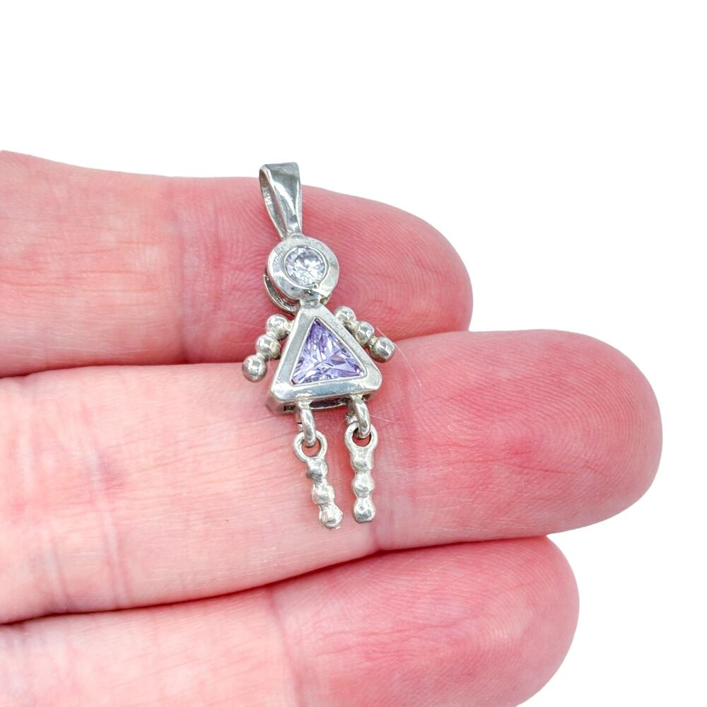 Vintage Sterling Silver Purple Cubic Zirconia Girl Charm Articulating Pendant